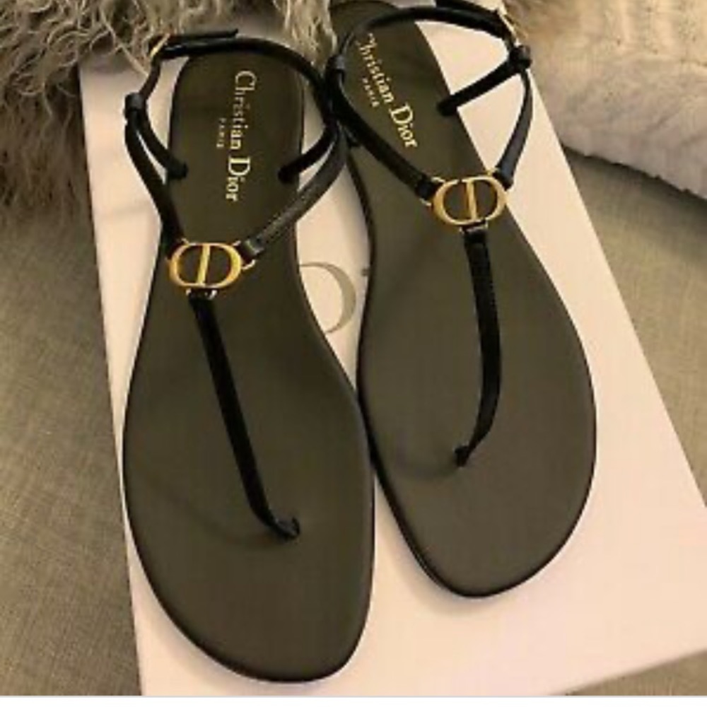 New Christian Dior black gold logo t strap sandals